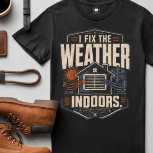 Funny HVAC Technician Tee - “I Fix The Weather Indoors.” Cooling/Furnace Shop Work Shirt — black t-shirt, flat-lay product photo | Pressure Tested Co
