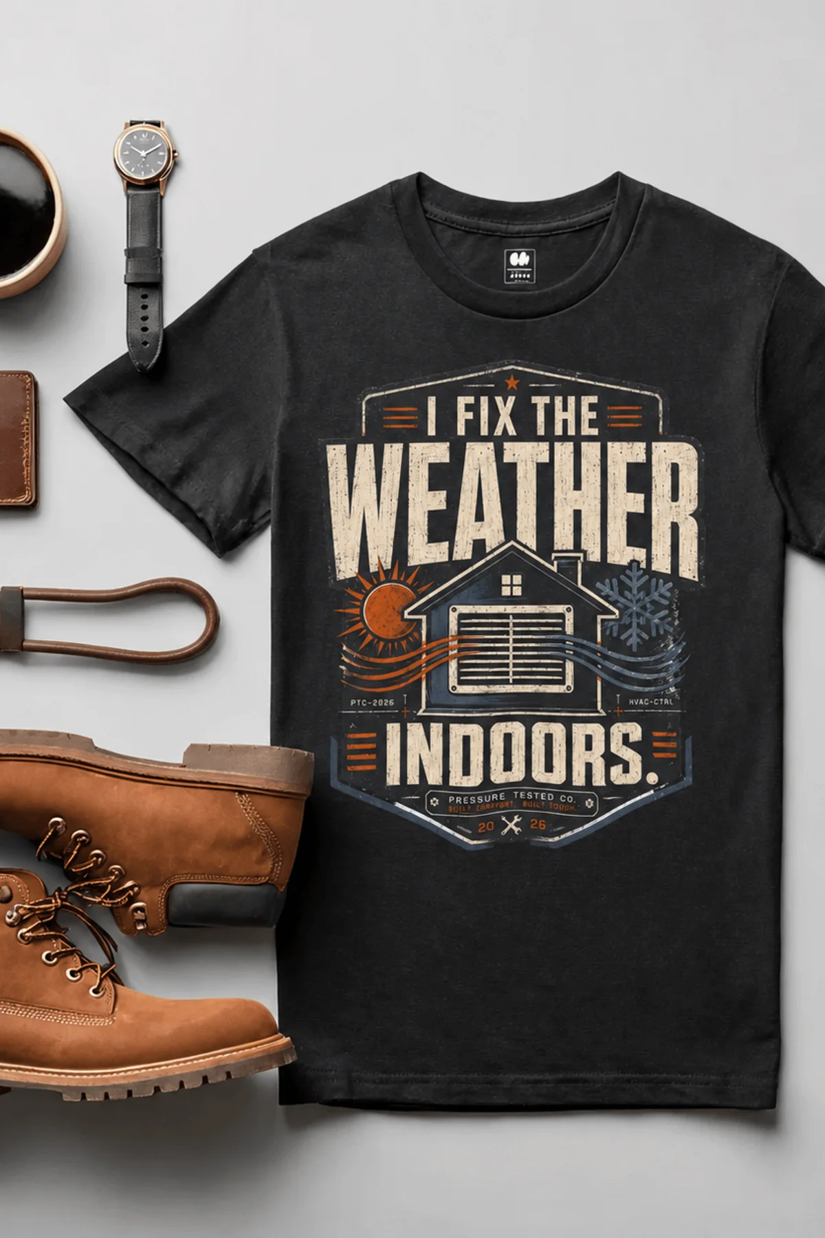 Funny HVAC Technician Tee - “I Fix The Weather Indoors.” Cooling/Furnace Shop Work Shirt — black — Flat-lay Funny HVAC Technician Tee - “I Fix The Weather Indoors.” Cooling/Furnace Shop Work Shirt — black t-shirt, flat-lay product photo | Pressure Tested Co