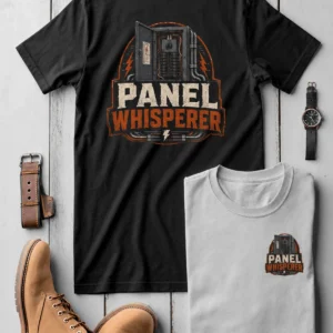 Funny Electrician Tee - "Panel Whisperer" Electrical Worker T-Shirt — black t-shirt, flat-lay product photo | Pressure Tested Co