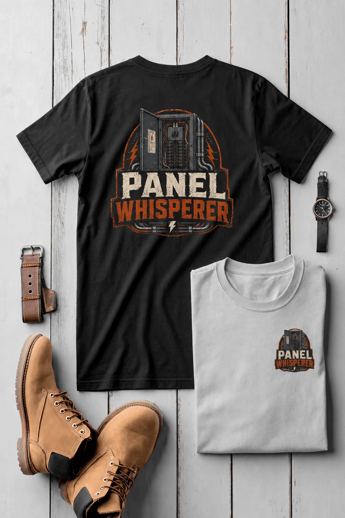 Funny Electrician Tee - "Panel Whisperer" Electrical Worker T-Shirt — black t-shirt, flat-lay product photo | Pressure Tested Co