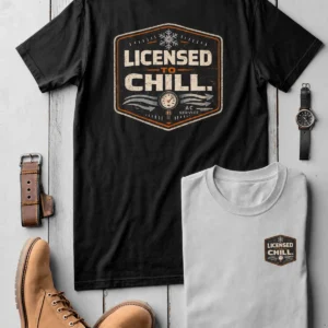 Funny HVAC Tee - "Licensed To Chill" HVAC Technician T-Shirt — black t-shirt, flat-lay product photo | Pressure Tested Co