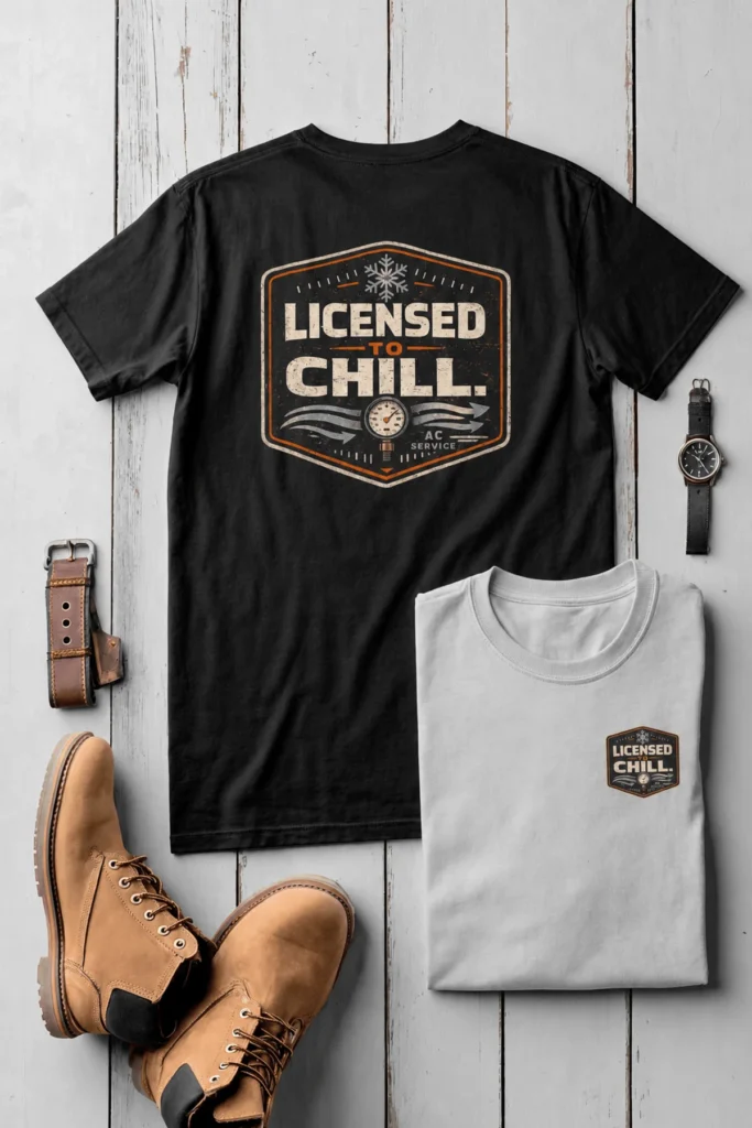 Funny HVAC Tee - "Licensed To Chill" HVAC Technician T-Shirt — black t-shirt, flat-lay product photo | Pressure Tested Co