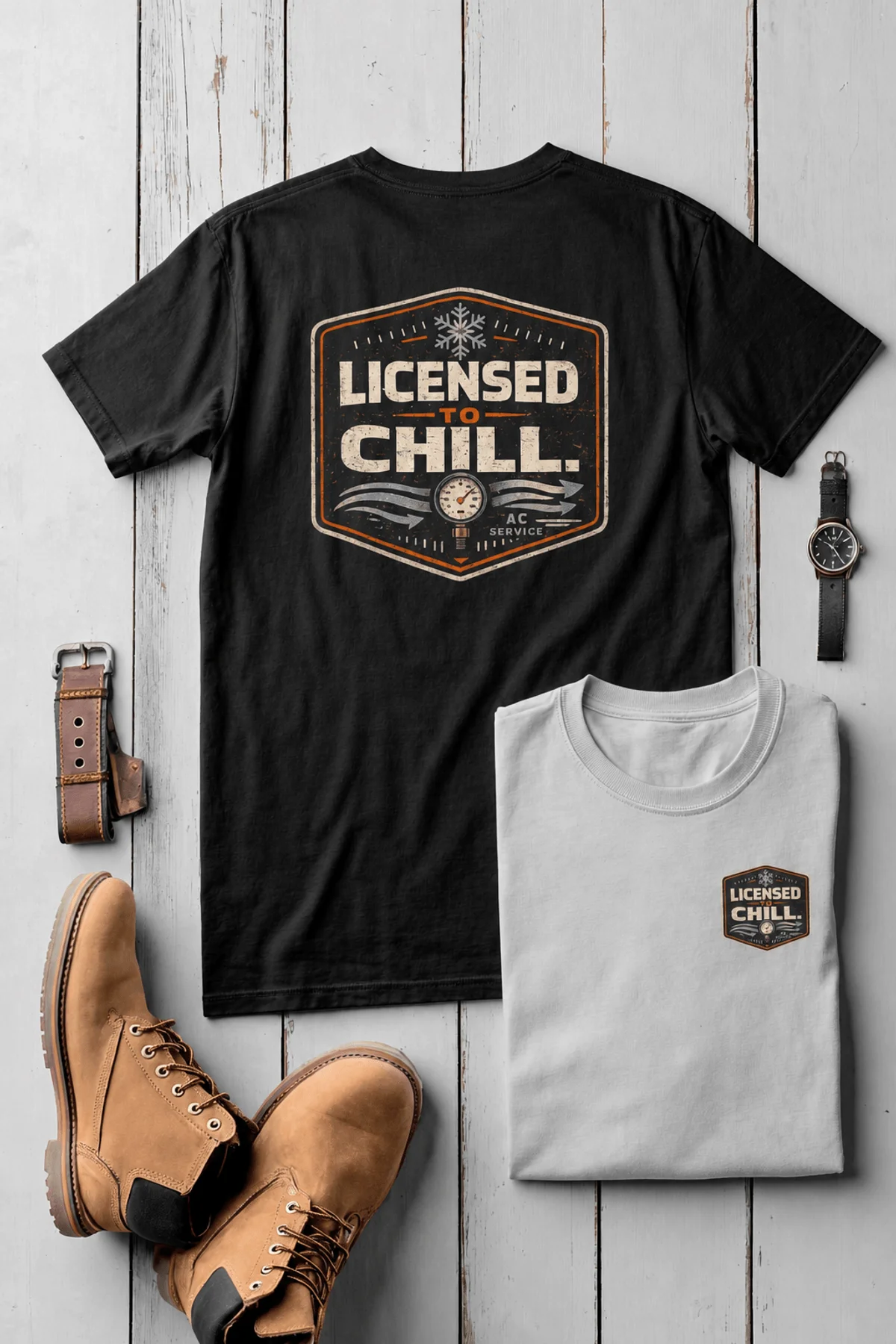 Funny HVAC Tee - "Licensed To Chill" HVAC Technician T-Shirt — black t-shirt, flat-lay product photo | Pressure Tested Co