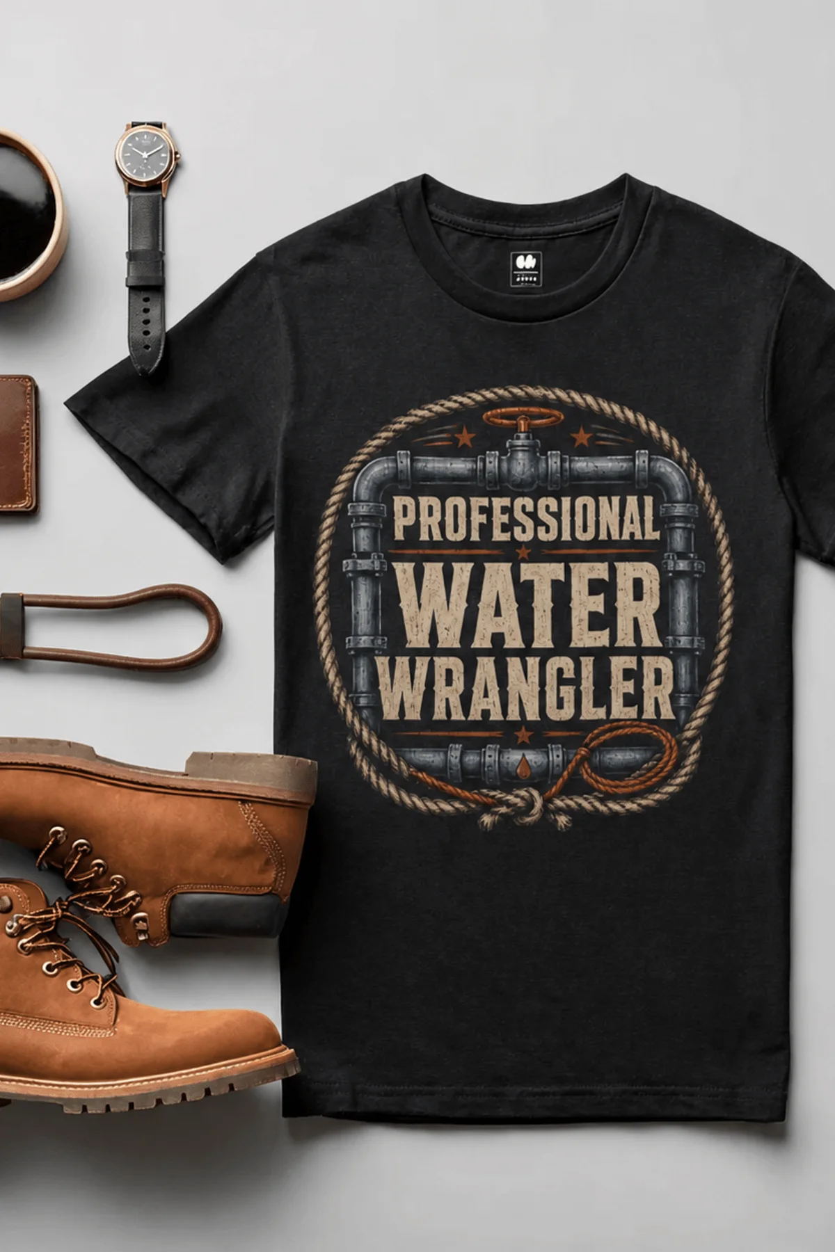 Funny Plumber Tee - "Professional Water Wrangler" Rustic Rope Graphic T-Shirt — black t-shirt, flat-lay product photo | Pressure Tested Co