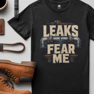 Leaks Fear Me T-Shirt - Funny Plumber Pipes Tee — black t-shirt, flat-lay product photo | Pressure Tested Co