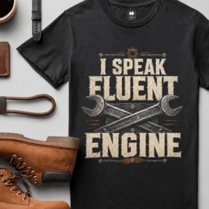 I Speak Fluent Engine T-Shirt — Mechanic Wrench Vintage Auto Repair Tee — black t-shirt, flat-lay product photo | Pressure Tested Co