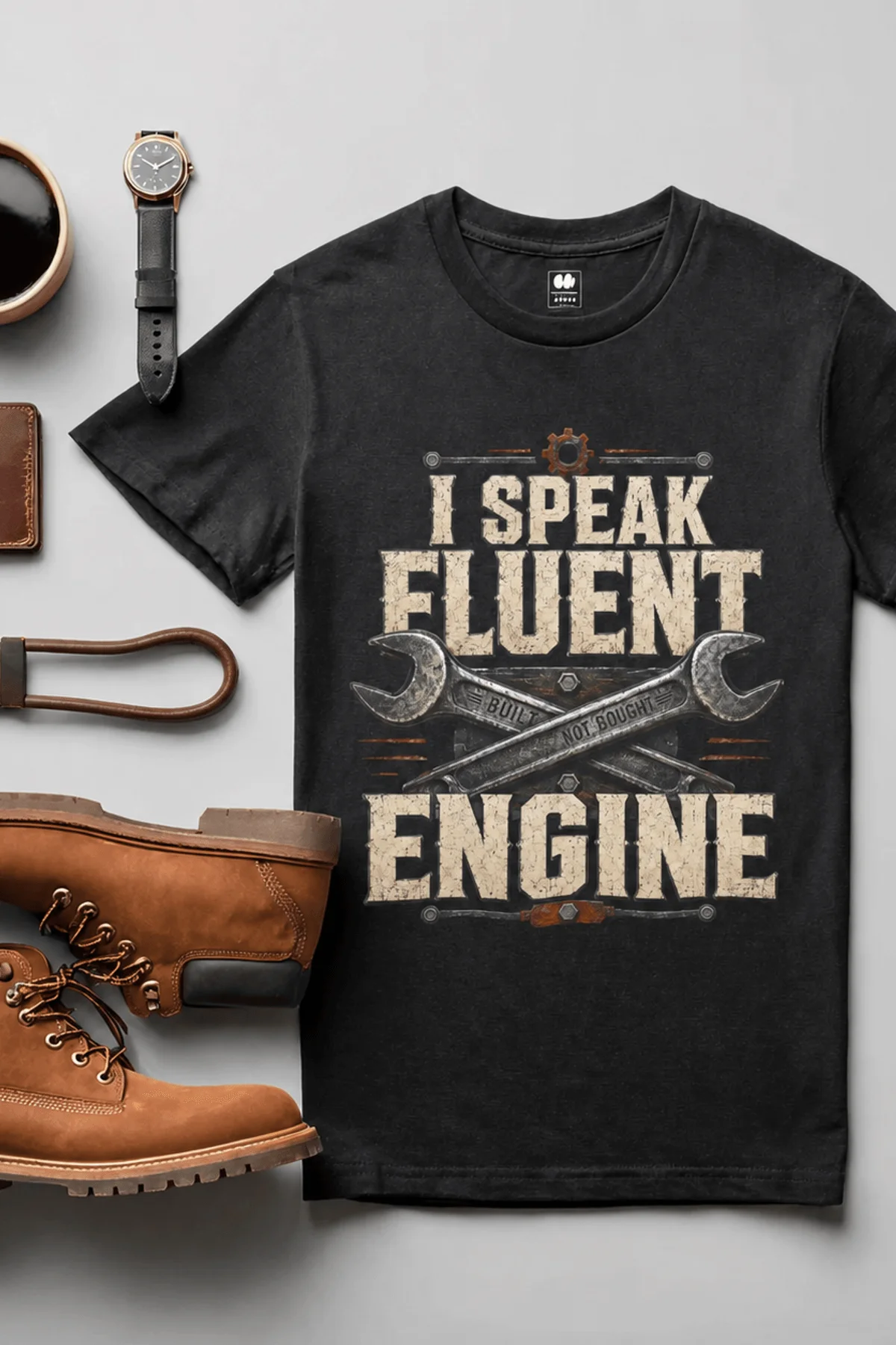 I Speak Fluent Engine T-Shirt — Mechanic Wrench Vintage Auto Repair Tee — black — Flat-lay I Speak Fluent Engine T-Shirt — Mechanic Wrench Vintage Auto Repair Tee — black t-shirt, flat-lay product photo | Pressure Tested Co
