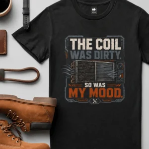 HVAC Technician Tee — “THE COIL WAS DIRTY. SO WAS MY MOOD.” — black t-shirt, flat-lay product photo | Pressure Tested Co