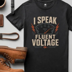 I Speak Fluent Voltage T-Shirt — Electrician & Electronics Tech Gift — black t-shirt, flat-lay product photo | Pressure Tested Co