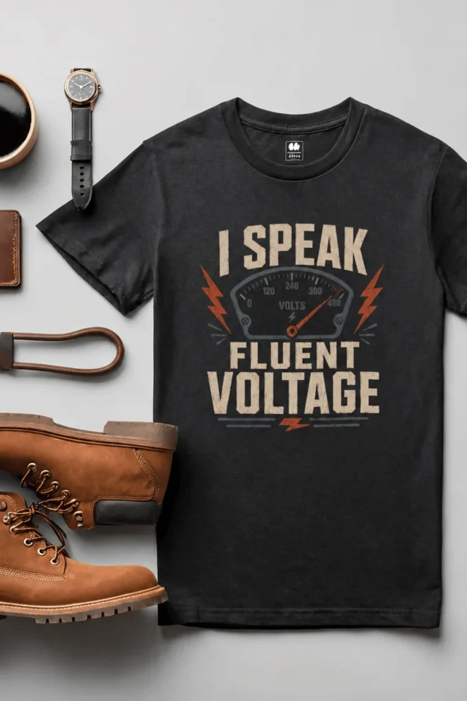 I Speak Fluent Voltage T-Shirt — Electrician & Electronics Tech Gift — black t-shirt, flat-lay product photo | Pressure Tested Co