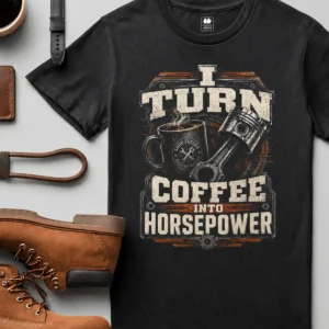Mechanic Technician T-Shirt — "I Turn Coffee Into Horsepower" Vintage Work Shirt — black t-shirt, flat-lay product photo | Pressure Tested Co