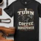 Mechanic Technician T-Shirt — "I Turn Coffee Into Horsepower" Vintage Work Shirt — black — Flat-lay Mechanic Technician T-Shirt — "I Turn Coffee Into Horsepower" Vintage Work Shirt — black t-shirt, flat-lay product photo | Pressure Tested Co