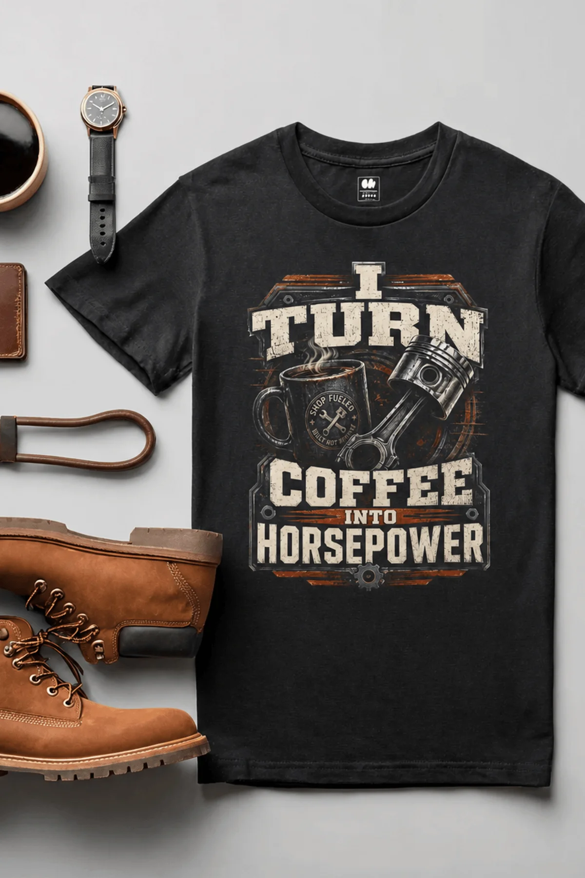 Mechanic Technician T-Shirt — "I Turn Coffee Into Horsepower" Vintage Work Shirt — black — Flat-lay Mechanic Technician T-Shirt — "I Turn Coffee Into Horsepower" Vintage Work Shirt — black t-shirt, flat-lay product photo | Pressure Tested Co