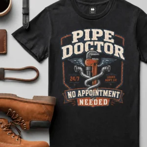 Plumber T-Shirt — "Pipe Doctor. No Appointment Needed" Vintage Work Shirt — black t-shirt, flat-lay product photo | Pressure Tested Co