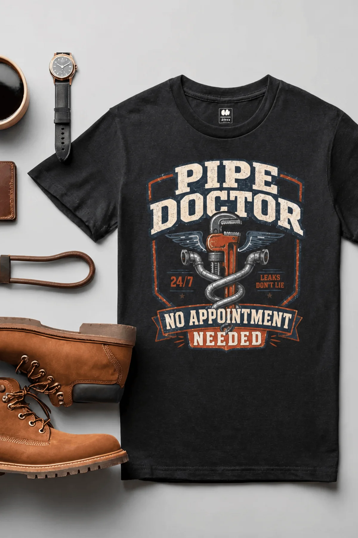 Plumber T-Shirt — "Pipe Doctor. No Appointment Needed" Vintage Work Shirt — black — Flat-lay Plumber T-Shirt — "Pipe Doctor. No Appointment Needed" Vintage Work Shirt — black t-shirt, flat-lay product photo | Pressure Tested Co