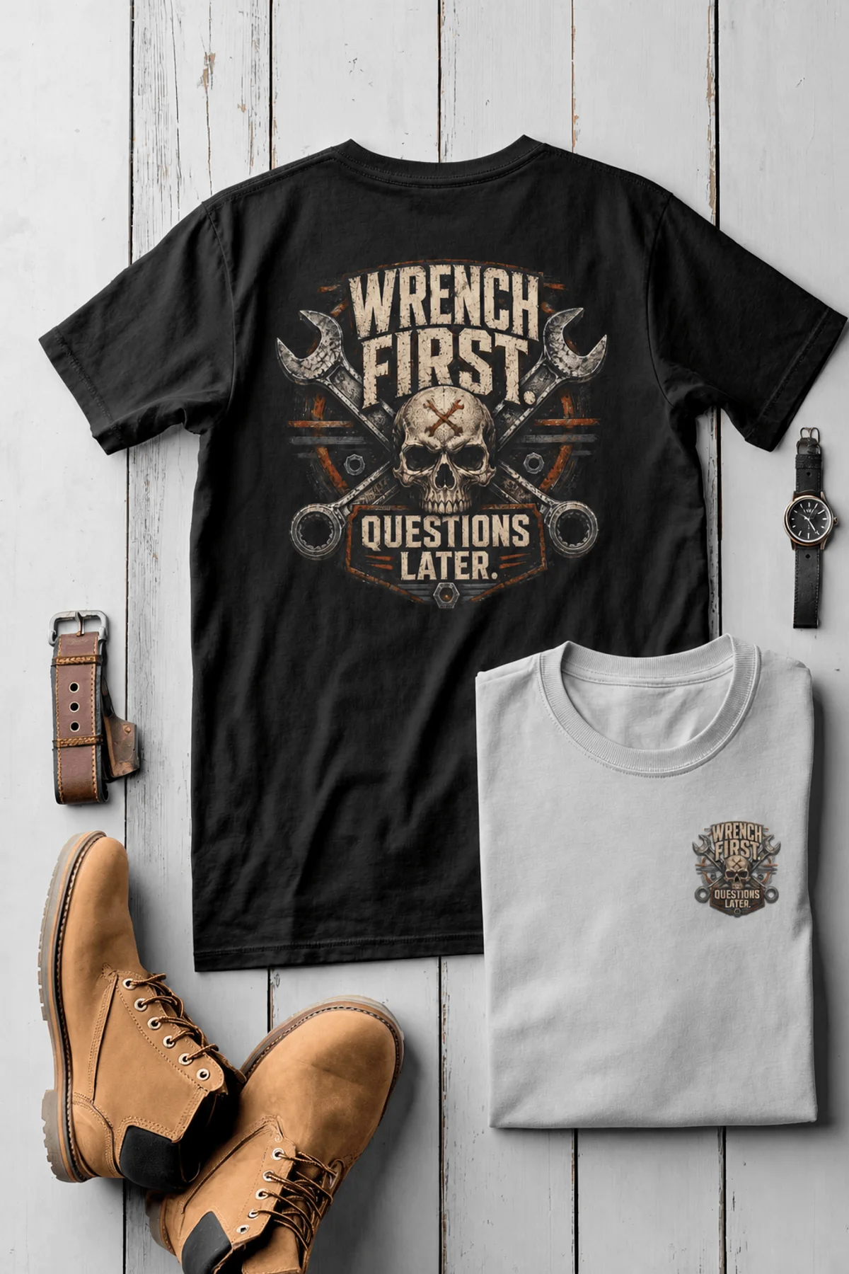 Wrench First Tee — "Wrench First, Questions Later" Mechanic Skull T-Shirt — black t-shirt, flat-lay product photo | Pressure Tested Co
