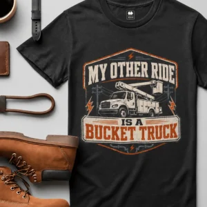 Bucket Truck T-Shirt - “My Other Ride Is A Bucket Truck” Utility Crew/Electrician Tee — black t-shirt, flat-lay product photo | Pressure Tested Co