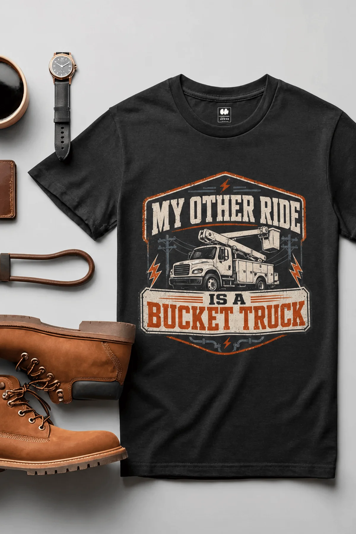 Bucket Truck T-Shirt - “My Other Ride Is A Bucket Truck” Utility Crew/Electrician Tee — black t-shirt, flat-lay product photo | Pressure Tested Co