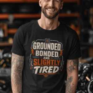 Grounded, Bonded and Slightly Tired Graphic Tee — Funny Electrical Worker Shirt — black t-shirt, model photo | Pressure Tested Co