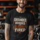 Grounded, Bonded and Slightly Tired Graphic Tee — Funny Electrical Worker Shirt — black t-shirt, model photo | Pressure Tested Co