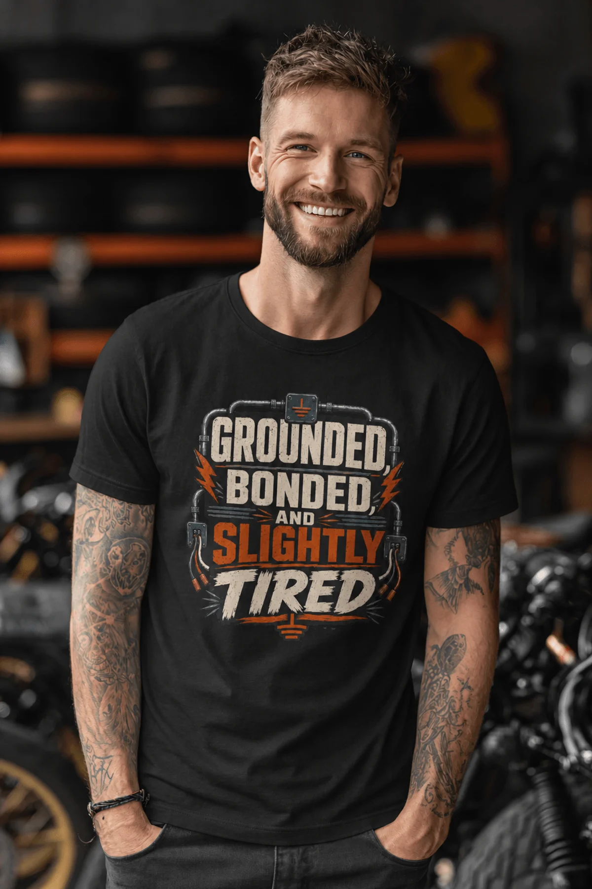 Grounded, Bonded and Slightly Tired Graphic Tee — Funny Electrical Worker Shirt — black t-shirt, model photo | Pressure Tested Co