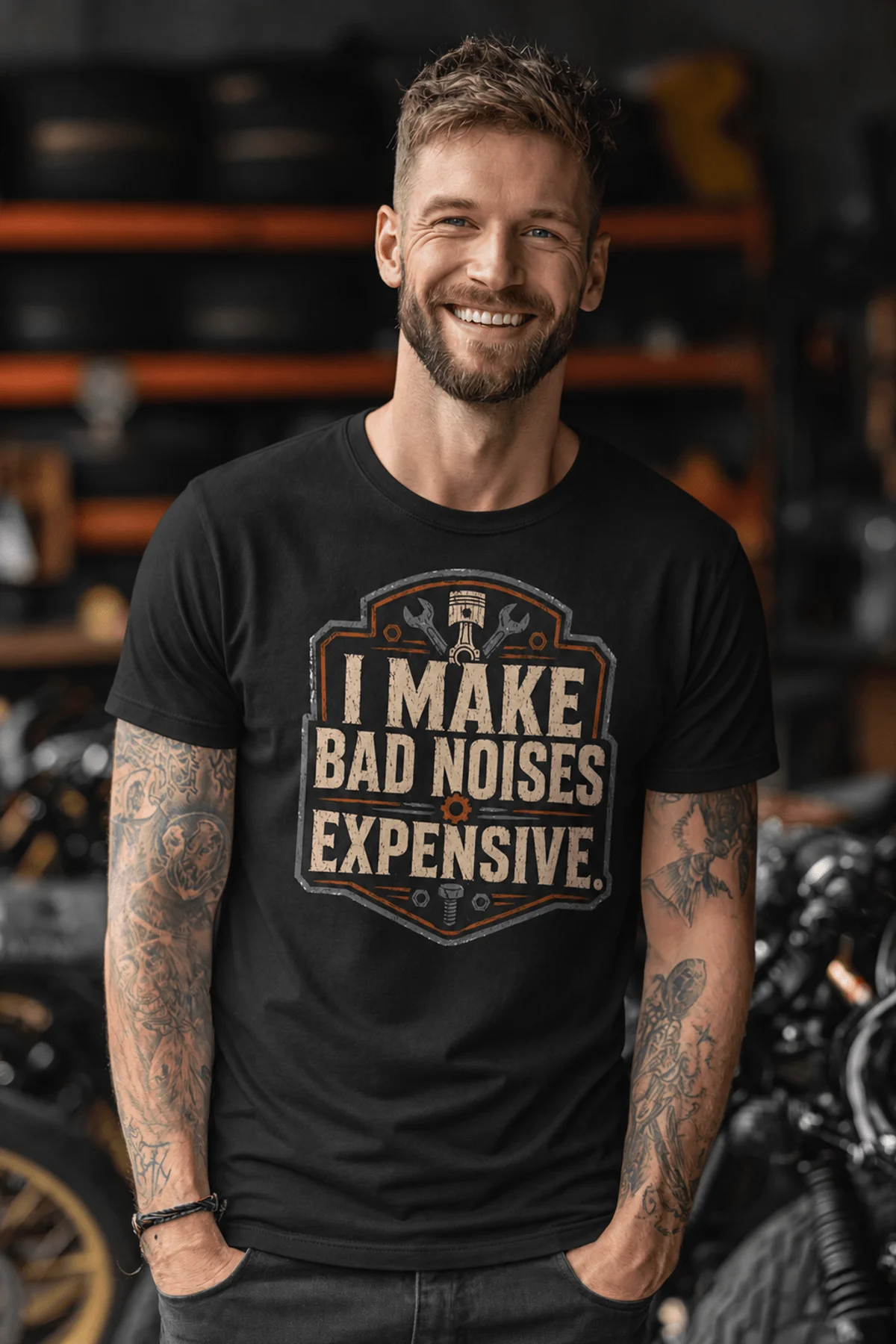 Funny Mechanic Tee - "I Make Bad Noises Expensive" Technician Worker/ Mechanic / Gearhead Tee — black t-shirt, model photo | Pressure Tested Co