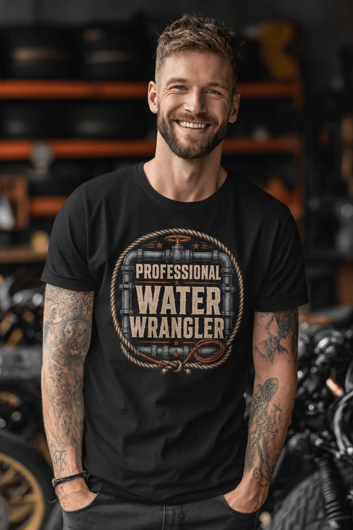 Funny Plumber Tee - "Professional Water Wrangler" Rustic Rope Graphic T-Shirt — black t-shirt, model photo | Pressure Tested Co