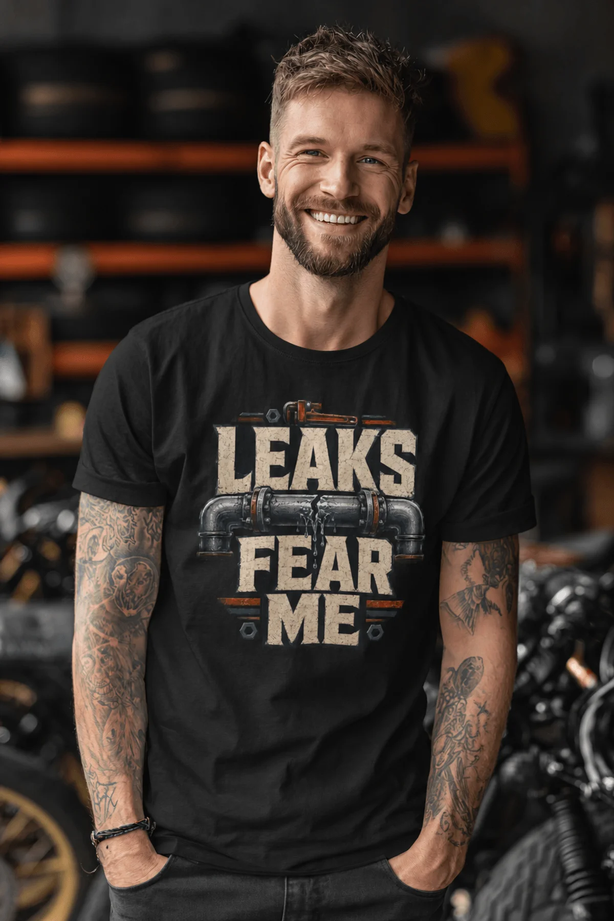 Leaks Fear Me T-Shirt - Funny Plumber Pipes Tee — black t-shirt, model photo | Pressure Tested Co