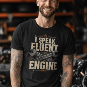 I Speak Fluent Engine T-Shirt — Mechanic Wrench Vintage Auto Repair Tee — black t-shirt, model photo | Pressure Tested Co