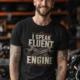 I Speak Fluent Engine T-Shirt — Mechanic Wrench Vintage Auto Repair Tee — black — Model I Speak Fluent Engine T-Shirt — Mechanic Wrench Vintage Auto Repair Tee — black t-shirt, model photo | Pressure Tested Co