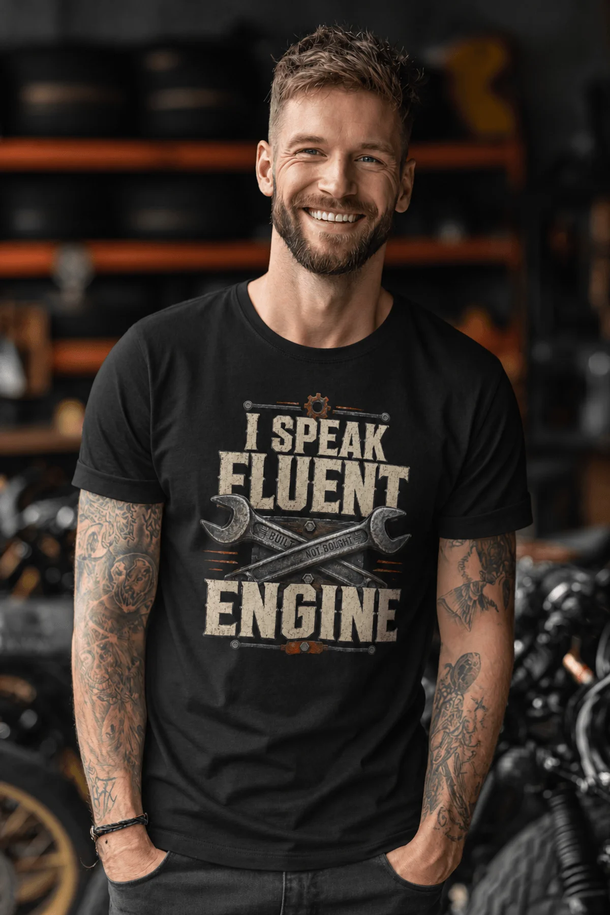 I Speak Fluent Engine T-Shirt — Mechanic Wrench Vintage Auto Repair Tee — black — Model I Speak Fluent Engine T-Shirt — Mechanic Wrench Vintage Auto Repair Tee — black t-shirt, model photo | Pressure Tested Co