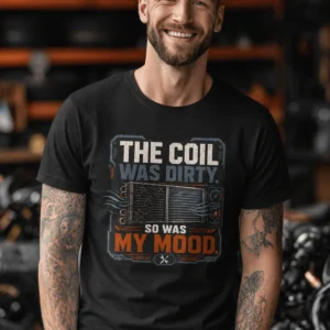 HVAC Technician Tee — “THE COIL WAS DIRTY. SO WAS MY MOOD.” — black t-shirt, model photo | Pressure Tested Co