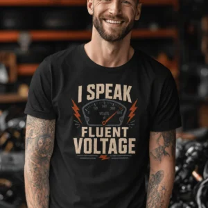 I Speak Fluent Voltage T-Shirt — Electrician & Electronics Tech Gift — black t-shirt, model photo | Pressure Tested Co
