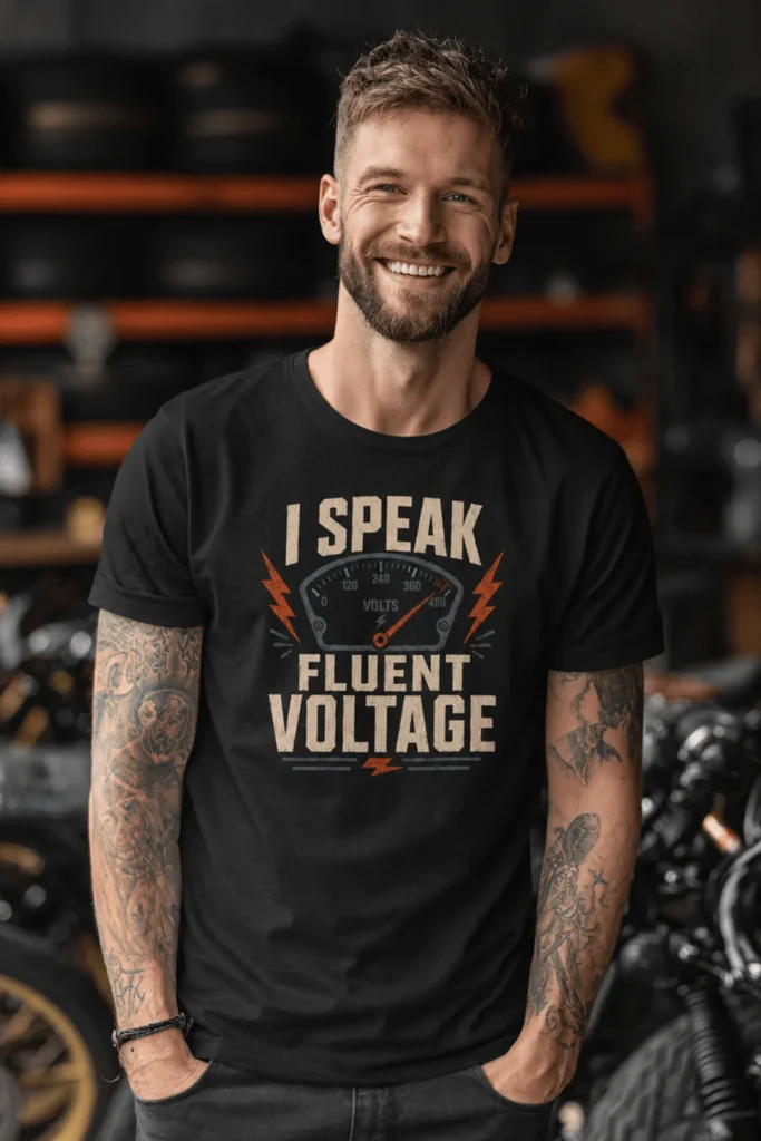 I Speak Fluent Voltage T-Shirt — Electrician & Electronics Tech Gift — black t-shirt, model photo | Pressure Tested Co