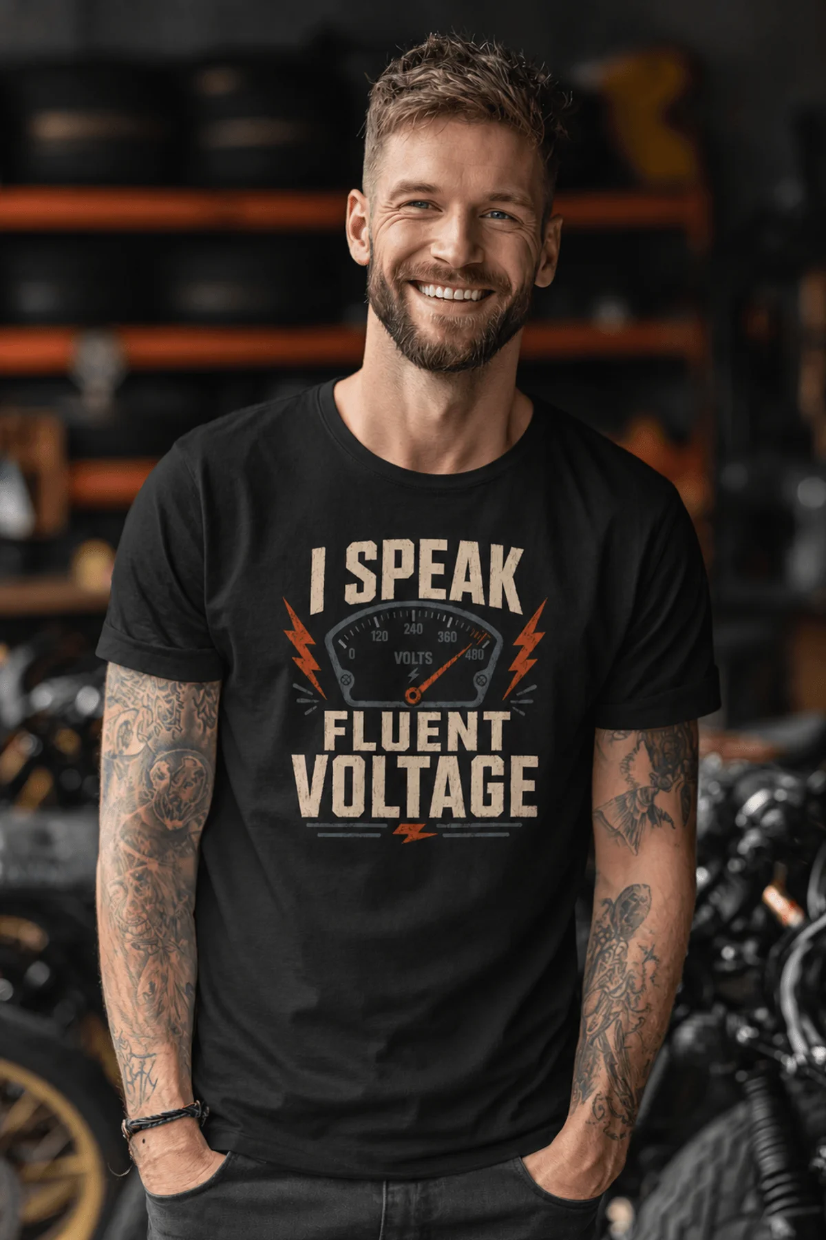 I Speak Fluent Voltage T-Shirt — Electrician & Electronics Tech Gift — black t-shirt, model photo | Pressure Tested Co