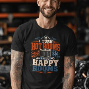 HVAC Technician T-Shirt — "I Turn Hot Rooms Into Happy Rooms" Vintage HVAC Shirt — black t-shirt, model photo | Pressure Tested Co