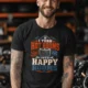 HVAC Technician T-Shirt — "I Turn Hot Rooms Into Happy Rooms" Vintage HVAC Shirt — black — Model HVAC Technician T-Shirt — "I Turn Hot Rooms Into Happy Rooms" Vintage HVAC Shirt — black t-shirt, model photo | Pressure Tested Co