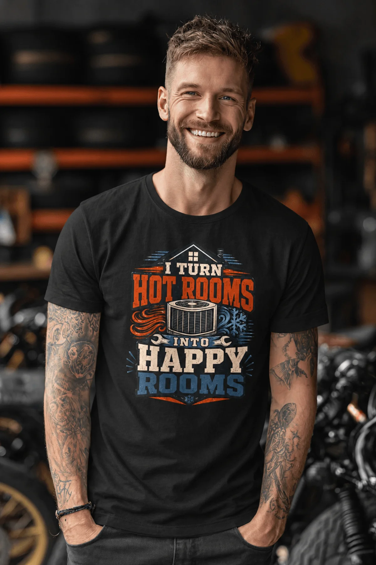 HVAC Technician T-Shirt — "I Turn Hot Rooms Into Happy Rooms" Vintage HVAC Shirt — black — Model HVAC Technician T-Shirt — "I Turn Hot Rooms Into Happy Rooms" Vintage HVAC Shirt — black t-shirt, model photo | Pressure Tested Co