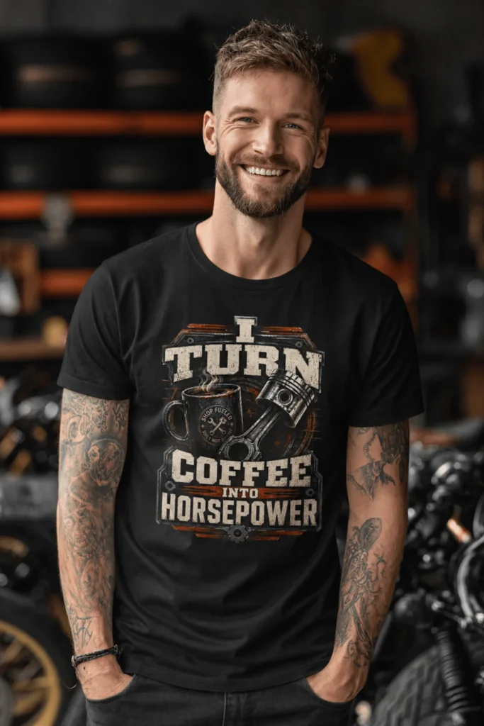 Mechanic Technician T-Shirt — "I Turn Coffee Into Horsepower" Vintage Work Shirt — black t-shirt, model photo | Pressure Tested Co