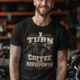 Mechanic Technician T-Shirt — "I Turn Coffee Into Horsepower" Vintage Work Shirt — black — Model Mechanic Technician T-Shirt — "I Turn Coffee Into Horsepower" Vintage Work Shirt — black t-shirt, model photo | Pressure Tested Co