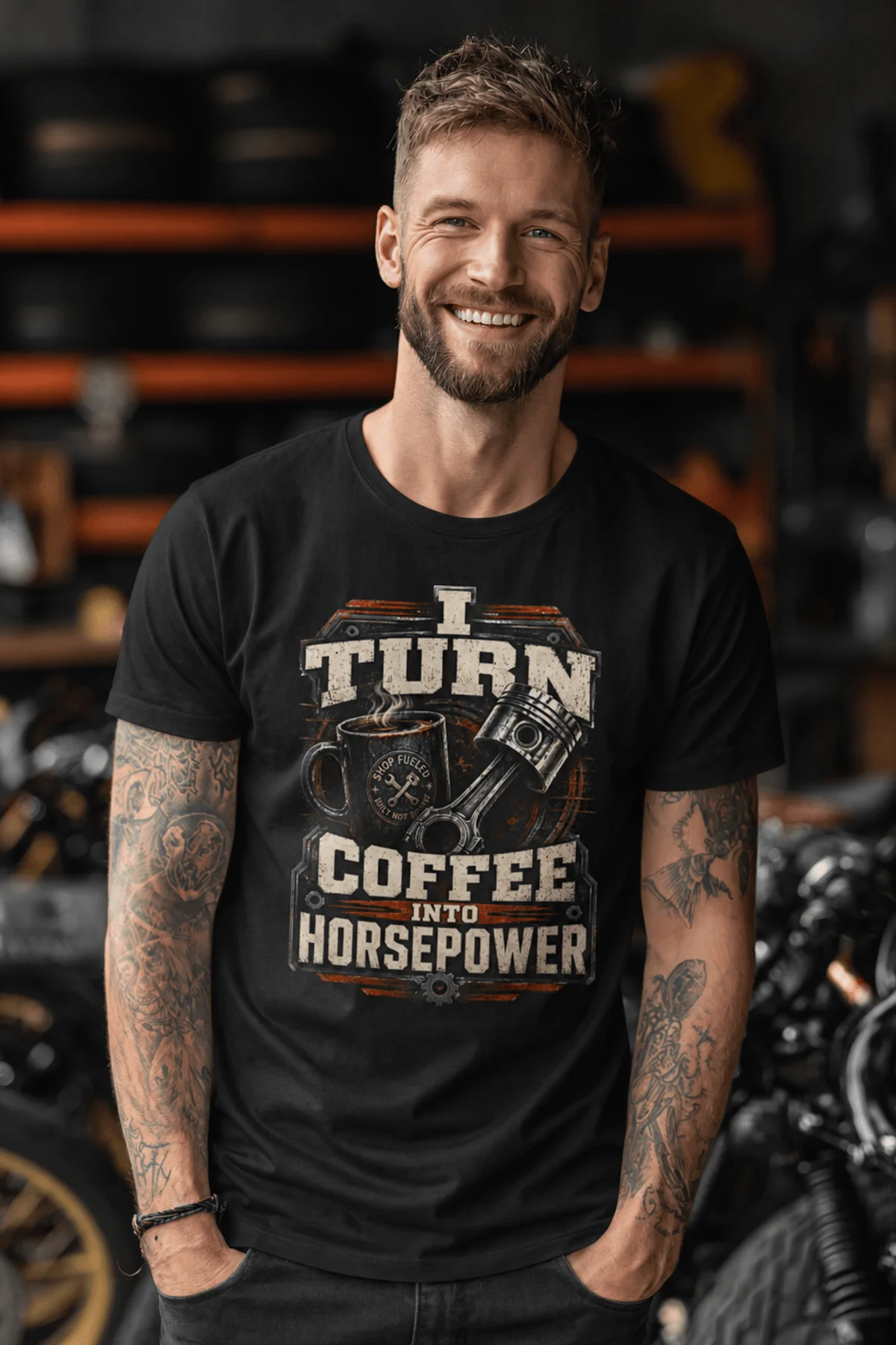 Mechanic Technician T-Shirt — "I Turn Coffee Into Horsepower" Vintage Work Shirt — black — Model Mechanic Technician T-Shirt — "I Turn Coffee Into Horsepower" Vintage Work Shirt — black t-shirt, model photo | Pressure Tested Co
