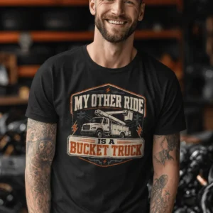 Bucket Truck T-Shirt - “My Other Ride Is A Bucket Truck” Utility Crew/Electrician Tee — black t-shirt, model photo | Pressure Tested Co