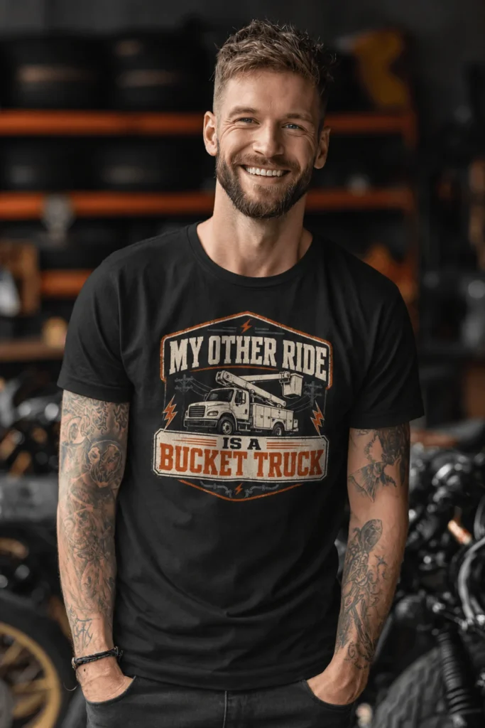 Bucket Truck T-Shirt - “My Other Ride Is A Bucket Truck” Utility Crew/Electrician Tee — black t-shirt, model photo | Pressure Tested Co