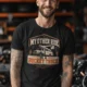 Bucket Truck T-Shirt - “My Other Ride Is A Bucket Truck” Utility Crew/Electrician Tee — black t-shirt, model photo | Pressure Tested Co