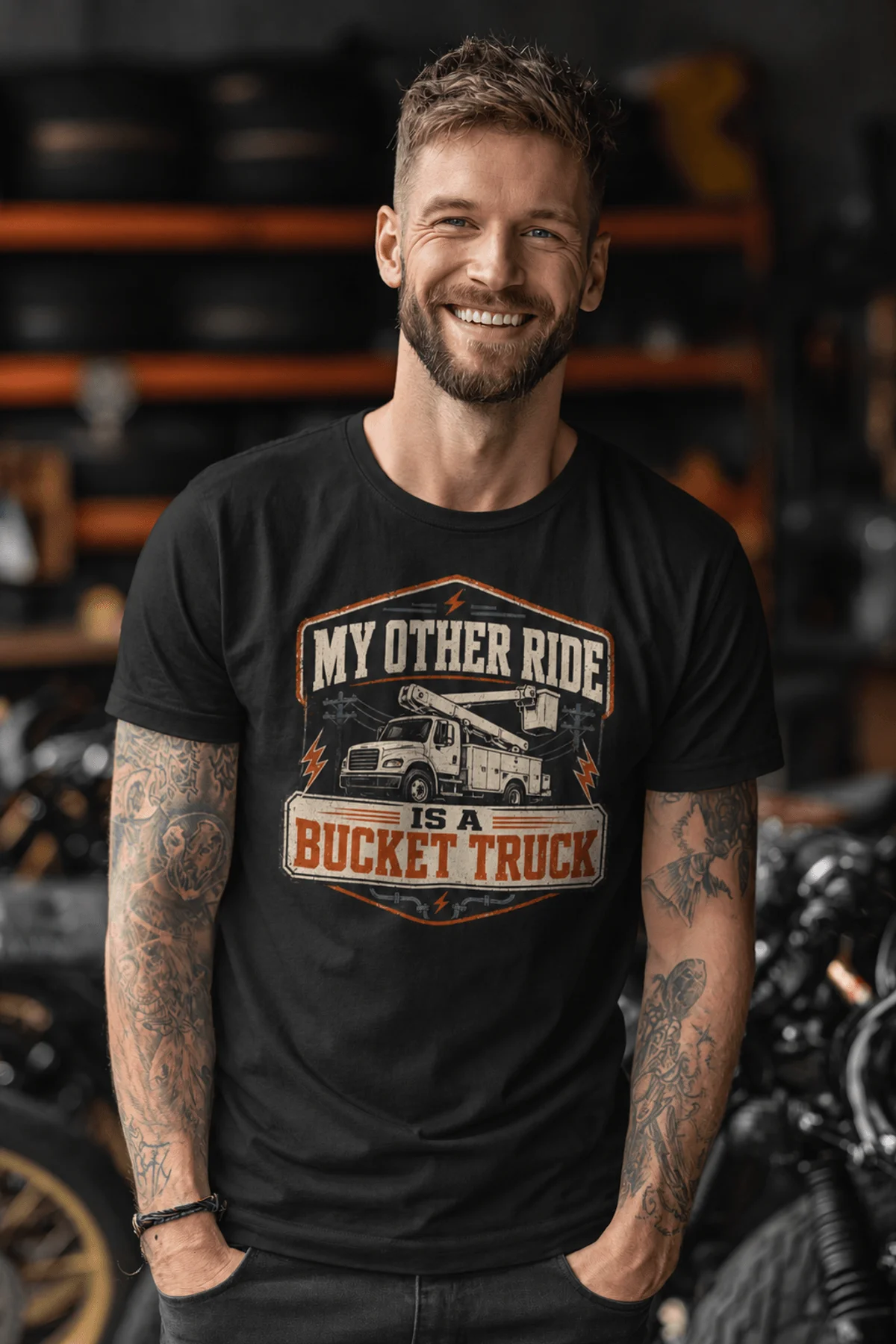 Bucket Truck T-Shirt - “My Other Ride Is A Bucket Truck” Utility Crew/Electrician Tee — black t-shirt, model photo | Pressure Tested Co
