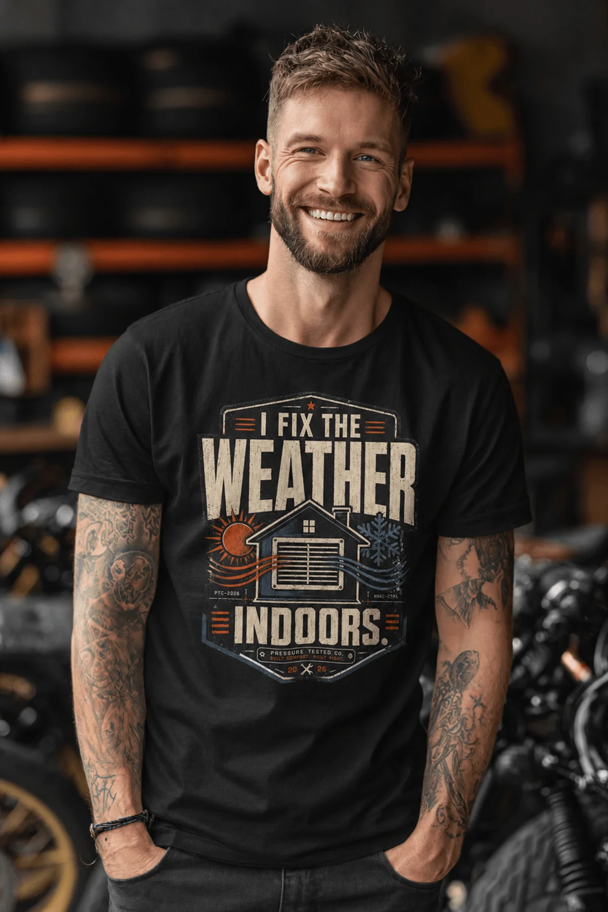 Funny HVAC Technician Tee - “I Fix The Weather Indoors.” Cooling/Furnace Shop Work Shirt — black — Model Funny HVAC Technician Tee - “I Fix The Weather Indoors.” Cooling/Furnace Shop Work Shirt — black t-shirt, model photo | Pressure Tested Co
