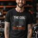 HVAC Technician Tee — “THE COIL WAS DIRTY. SO WAS MY MOOD.” — black — Model HVAC Technician Tee — “THE COIL WAS DIRTY. SO WAS MY MOOD.” — black t-shirt, model photo | Pressure Tested Co