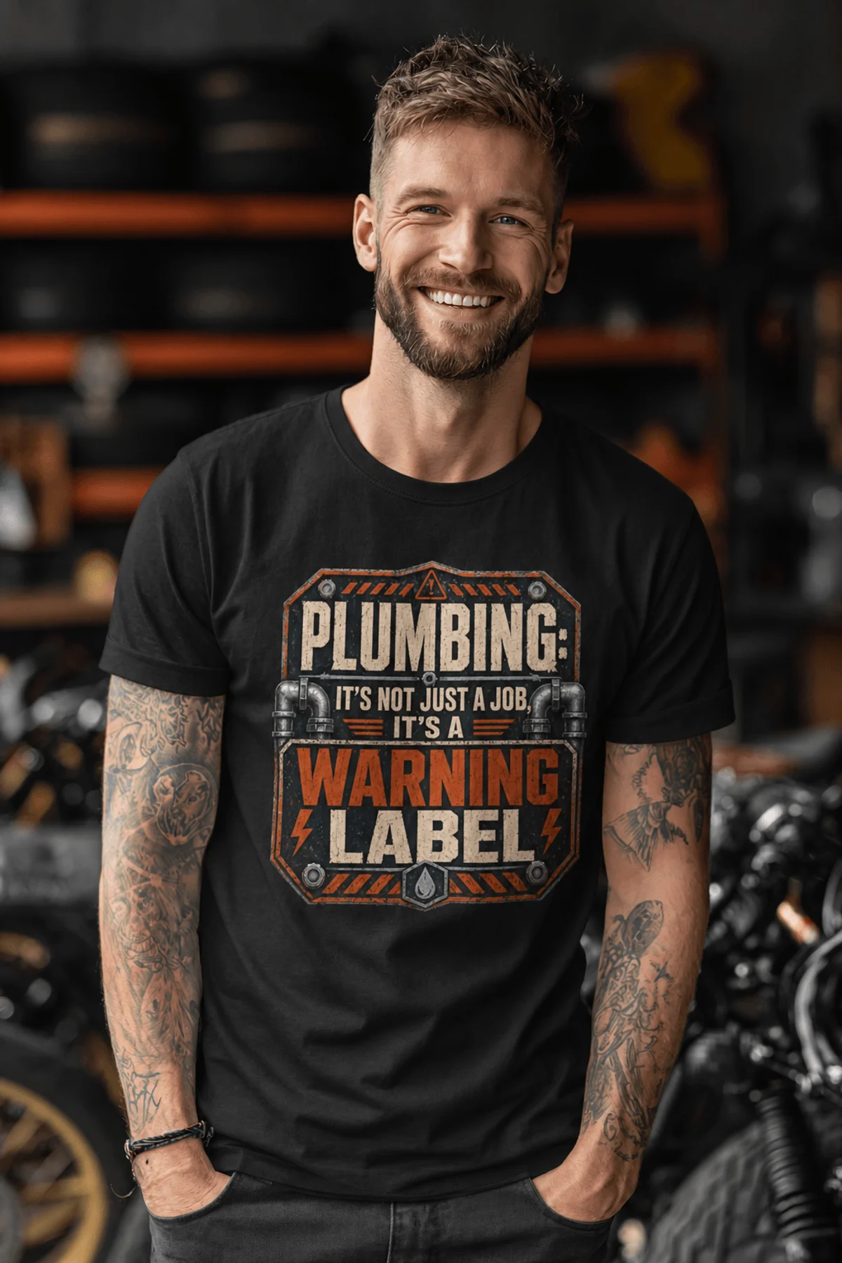 Plumbing Warning Label T-Shirt — Funny Plumber Shirt — black t-shirt, model photo | Pressure Tested Co