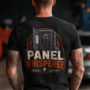 Funny Electrician Tee - "Panel Whisperer" Electrical Worker T-Shirt — black t-shirt, model photo | Pressure Tested Co