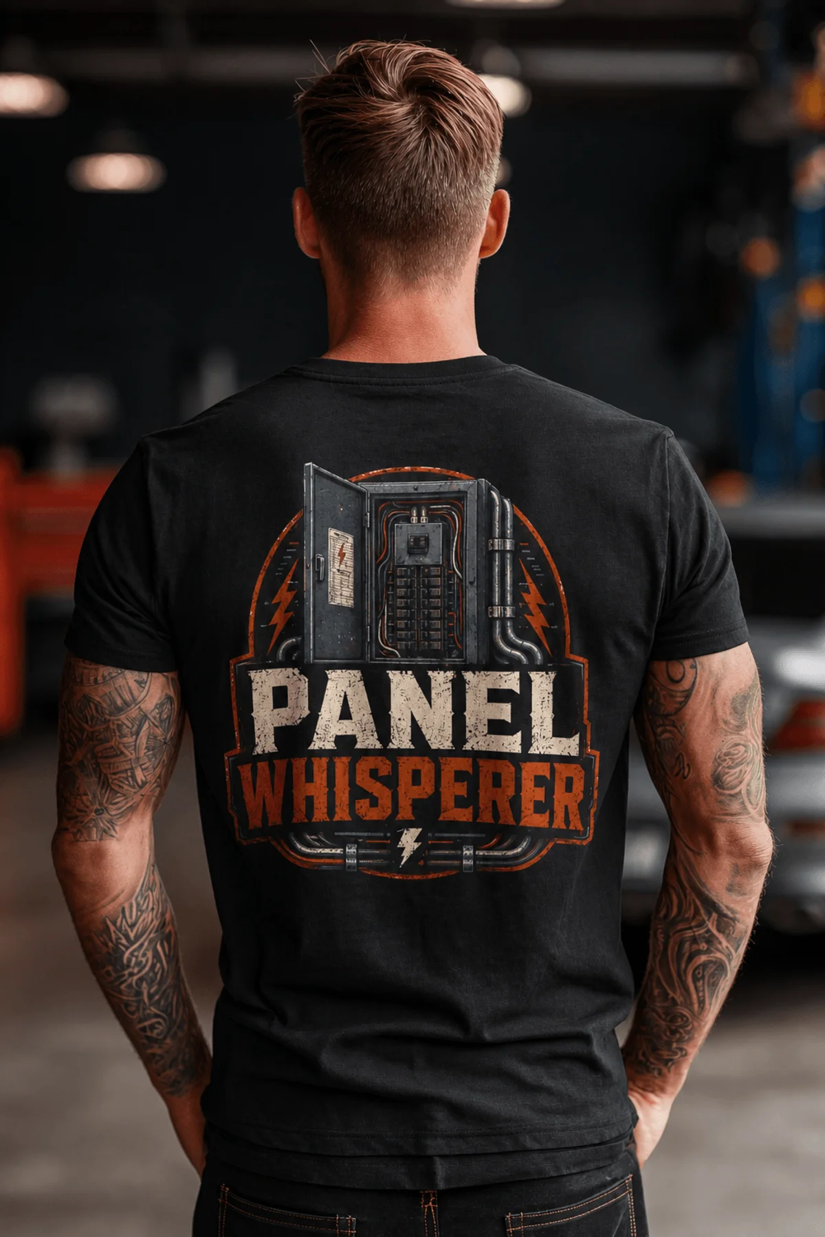Funny Electrician Tee - "Panel Whisperer" Electrical Worker T-Shirt — black t-shirt, model photo | Pressure Tested Co